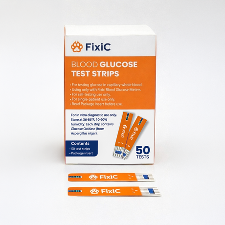 Box of Fixic Blood Glucose Test Strips (50 count) with two loose strips showing technical pattern, for diabetes monitoring