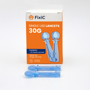 Box of FixiC single use lancets with two lancets in front on a white background